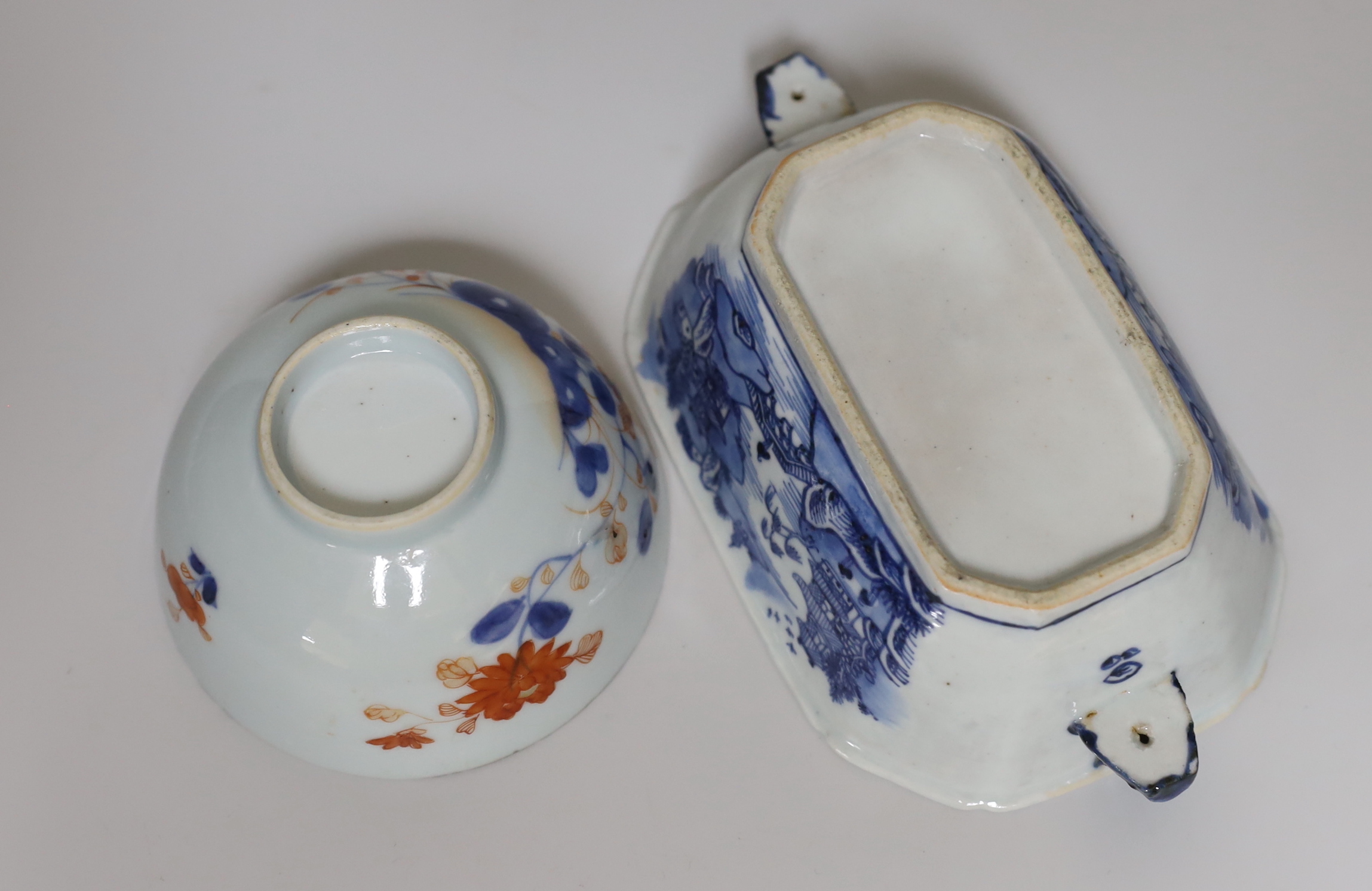 An 18th century Chinese export tureen (lacking cover) and an Imari pallet bowl (2)